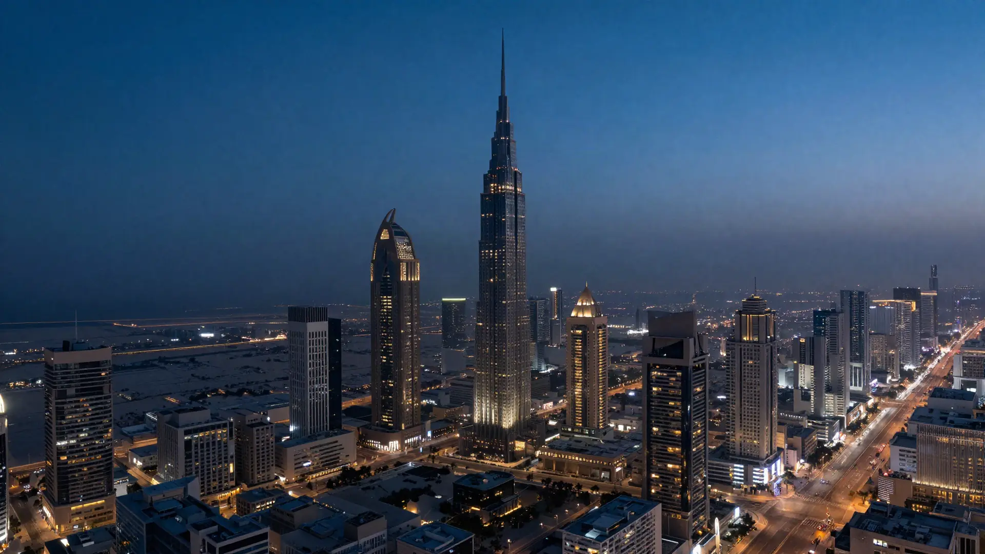 The Dubai skyline at blue hour, seen from above